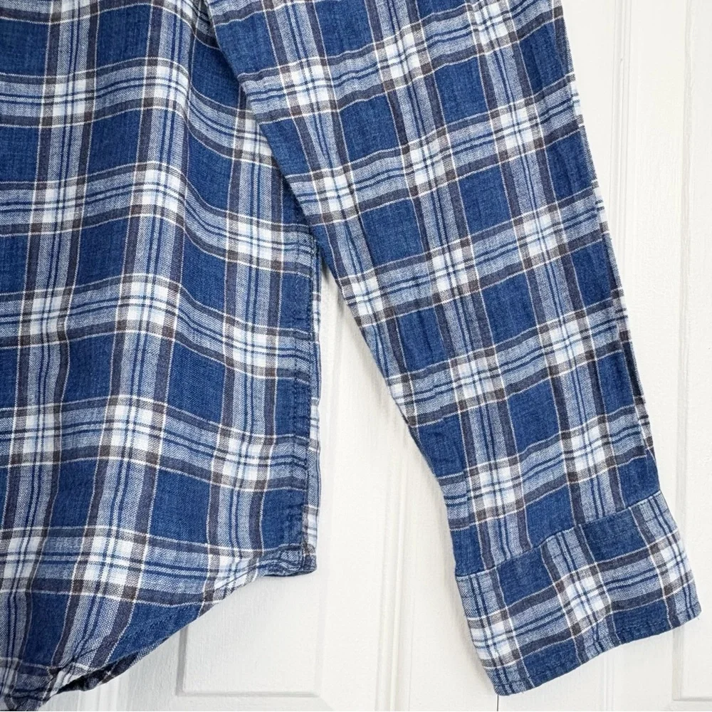 Banana Republic Blue Plaid 100% Linen Camden Standard Fit Shirt Large